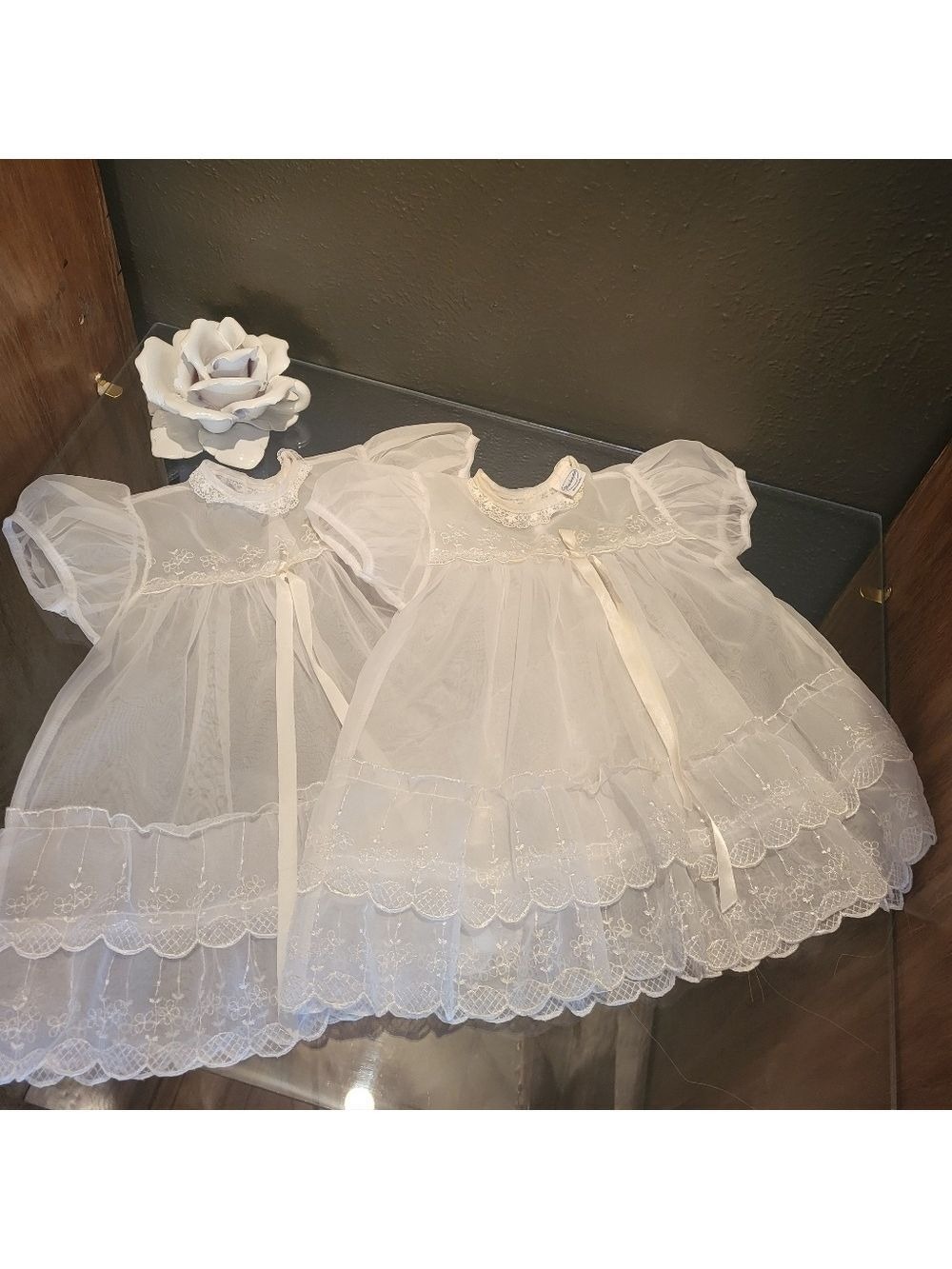 2 Matching Madonna Original Sheer Lace Christening Dresses 0-6 Months